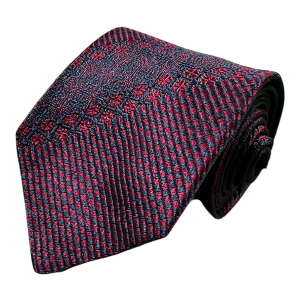 Sulka Maroon Navy Woven Geometric Silk Mens Tie 3.75 Inch Width Made in France